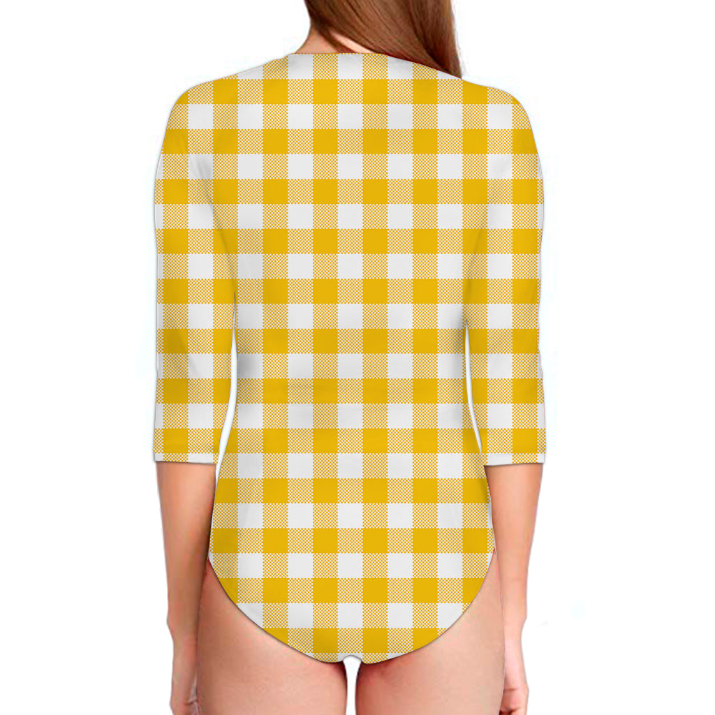 Canary Yellow And White Gingham Print Long Sleeve Swimsuit