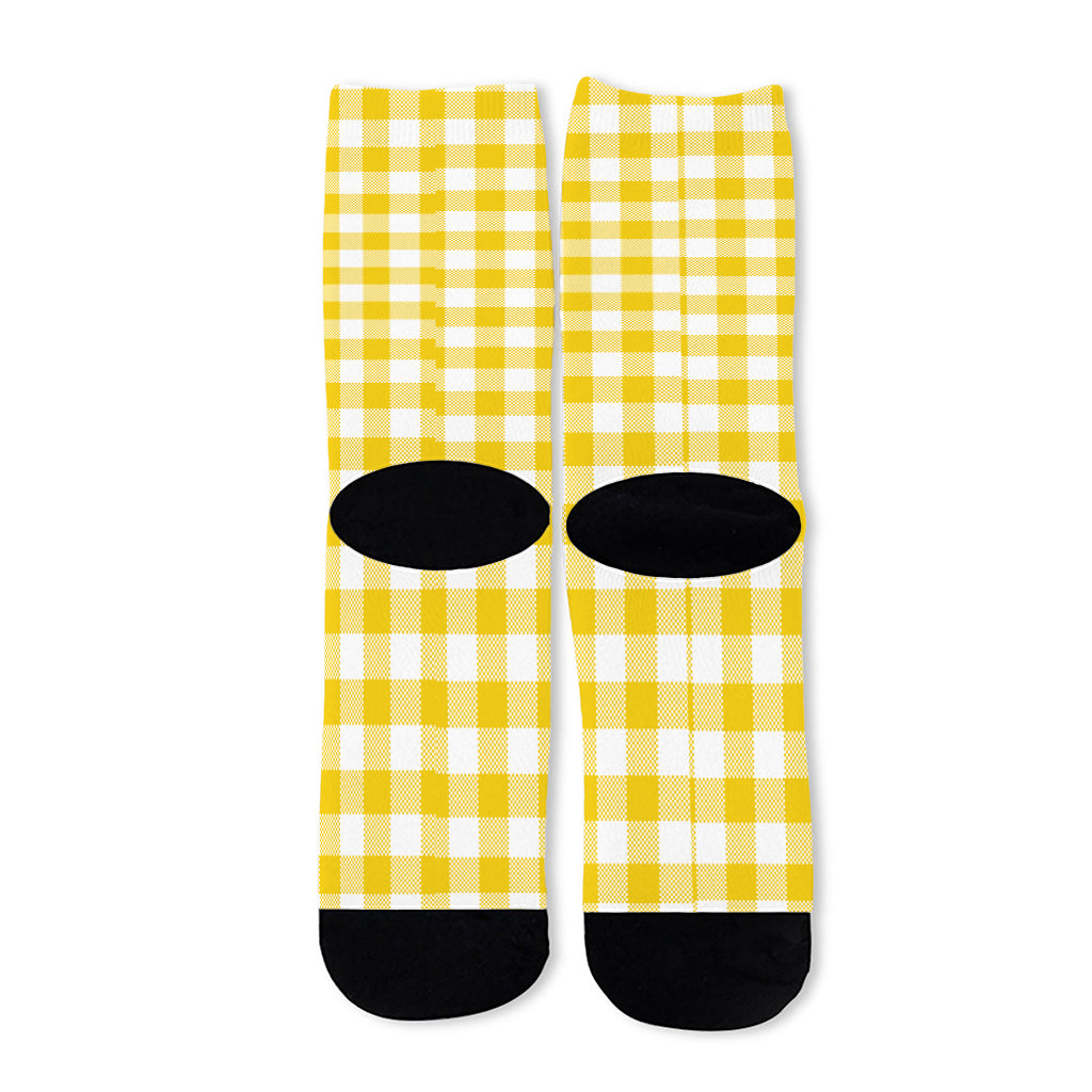 Canary Yellow And White Gingham Print Long Socks