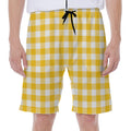 Canary Yellow And White Gingham Print Men's Beach Shorts