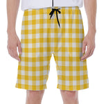 Canary Yellow And White Gingham Print Men's Beach Shorts