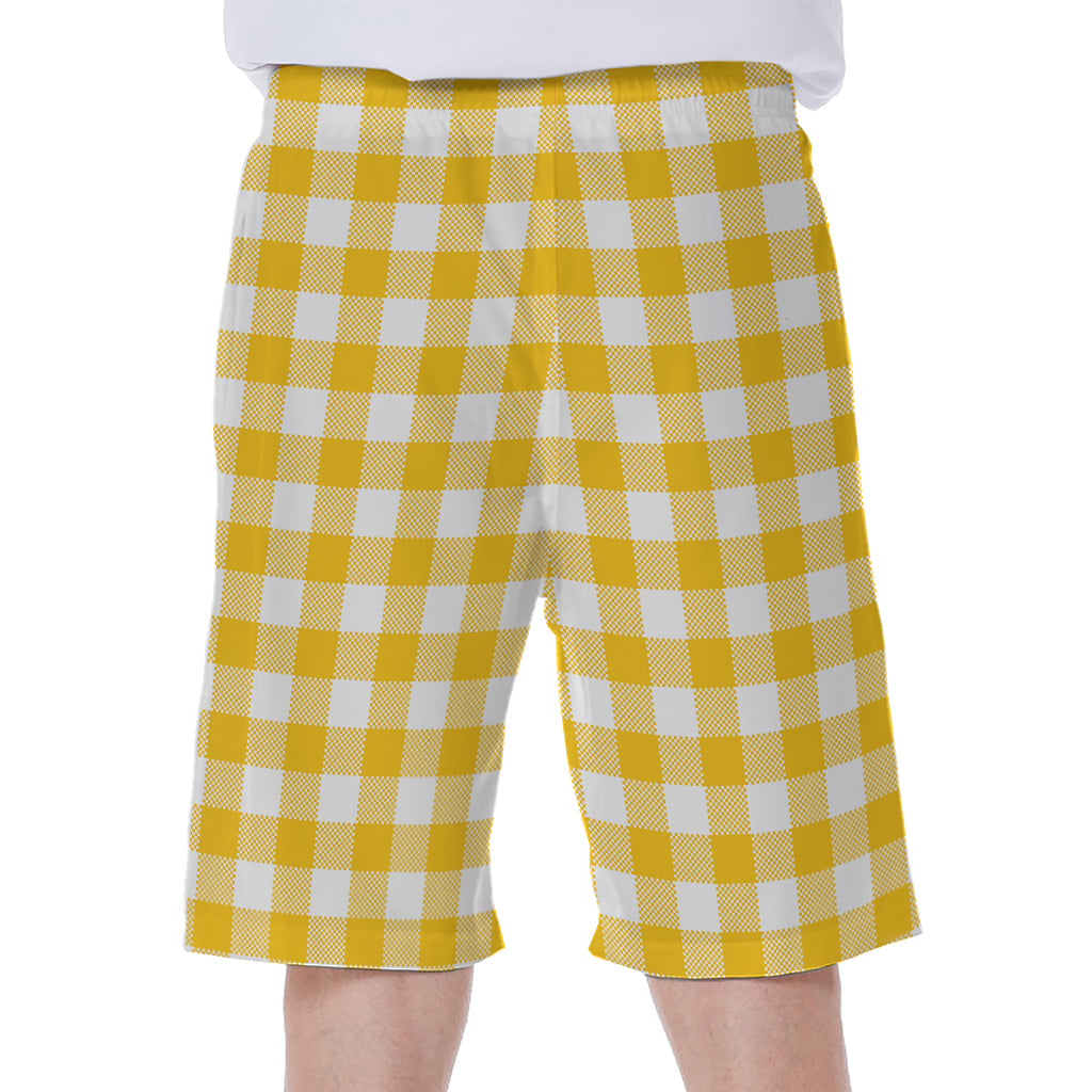 Canary Yellow And White Gingham Print Men's Beach Shorts
