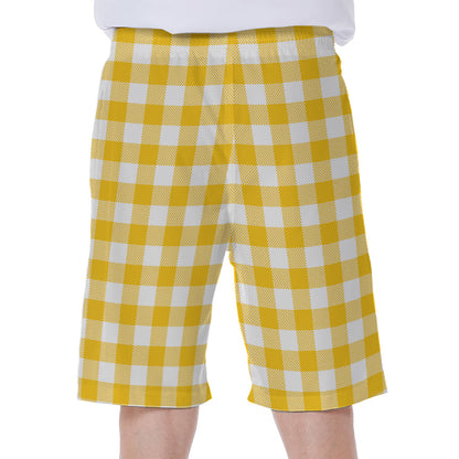 Canary Yellow And White Gingham Print Men's Beach Shorts