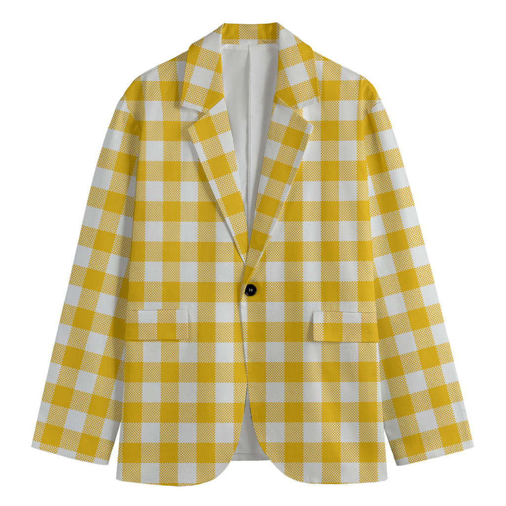 Canary Yellow And White Gingham Print Men's Blazer