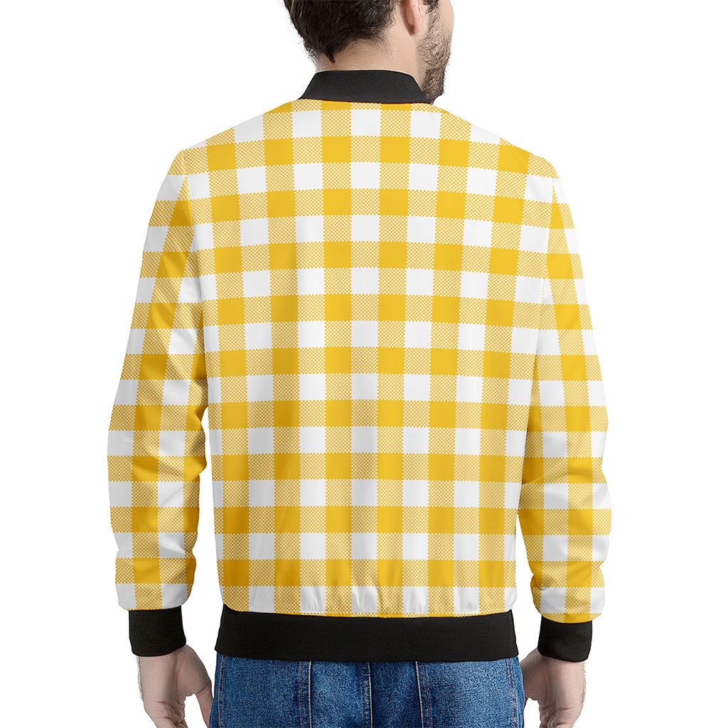 Canary Yellow And White Gingham Print Men's Bomber Jacket