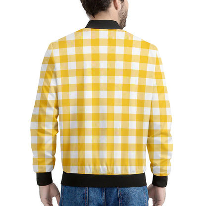 Canary Yellow And White Gingham Print Men's Bomber Jacket