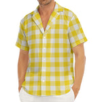 Canary Yellow And White Gingham Print Men's Deep V-Neck Shirt