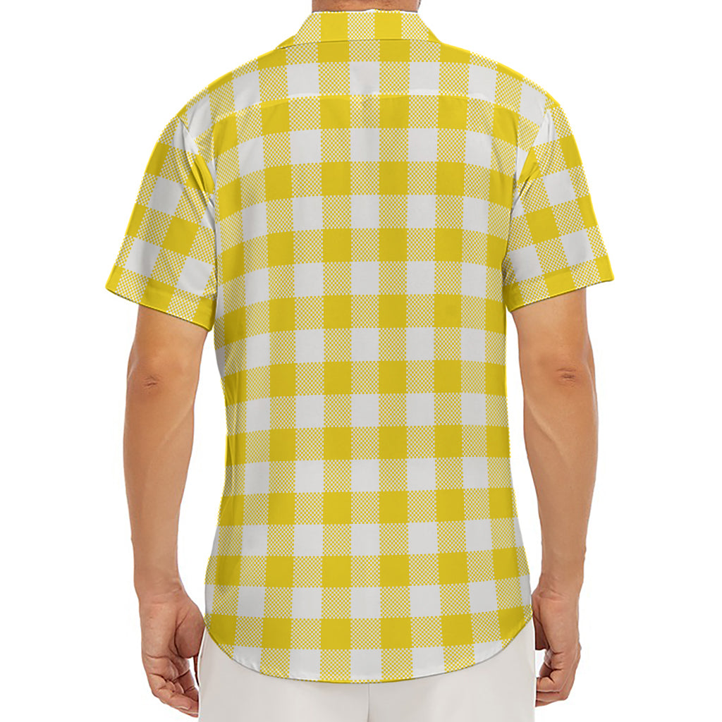Canary Yellow And White Gingham Print Men's Deep V-Neck Shirt