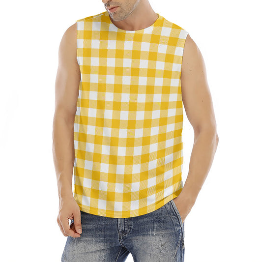Canary Yellow And White Gingham Print Men's Fitness Tank Top
