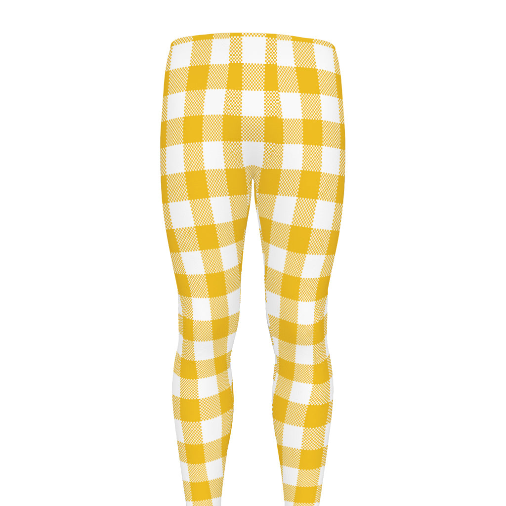 Canary Yellow And White Gingham Print Men's leggings