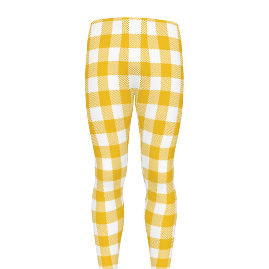 Canary Yellow And White Gingham Print Men's leggings