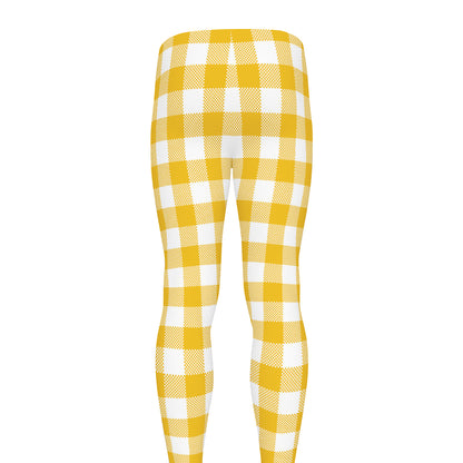 Canary Yellow And White Gingham Print Men's leggings