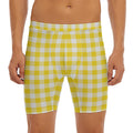 Canary Yellow And White Gingham Print Men's Long Boxer Briefs