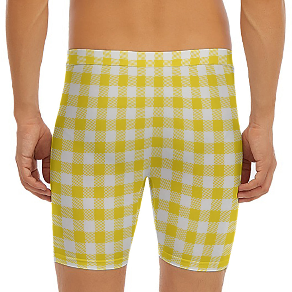 Canary Yellow And White Gingham Print Men's Long Boxer Briefs