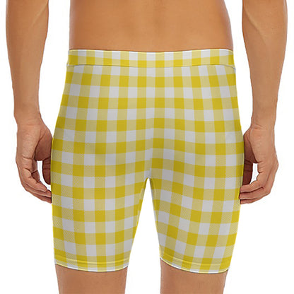 Canary Yellow And White Gingham Print Men's Long Boxer Briefs
