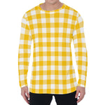 Canary Yellow And White Gingham Print Men's Long Sleeve T-Shirt