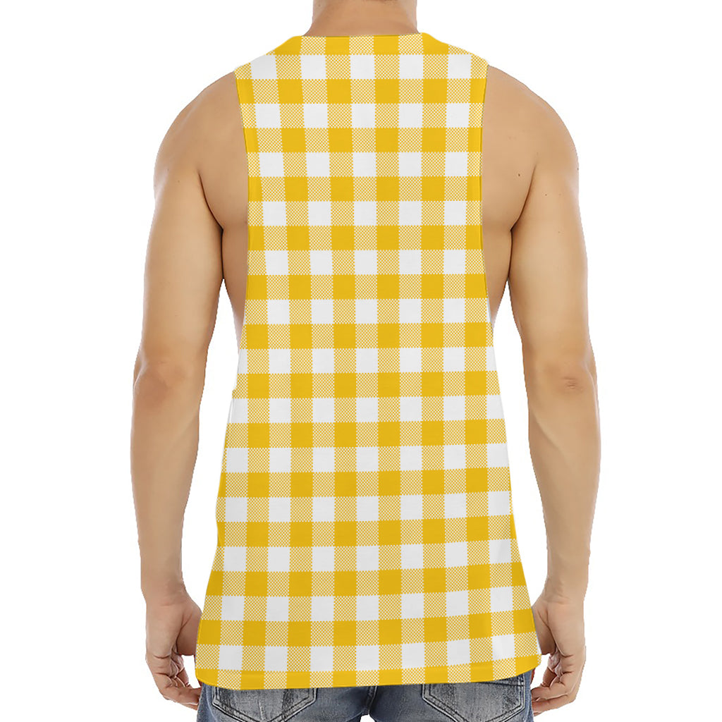Canary Yellow And White Gingham Print Men's Muscle Tank Top