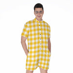 Canary Yellow And White Gingham Print Men's Rompers