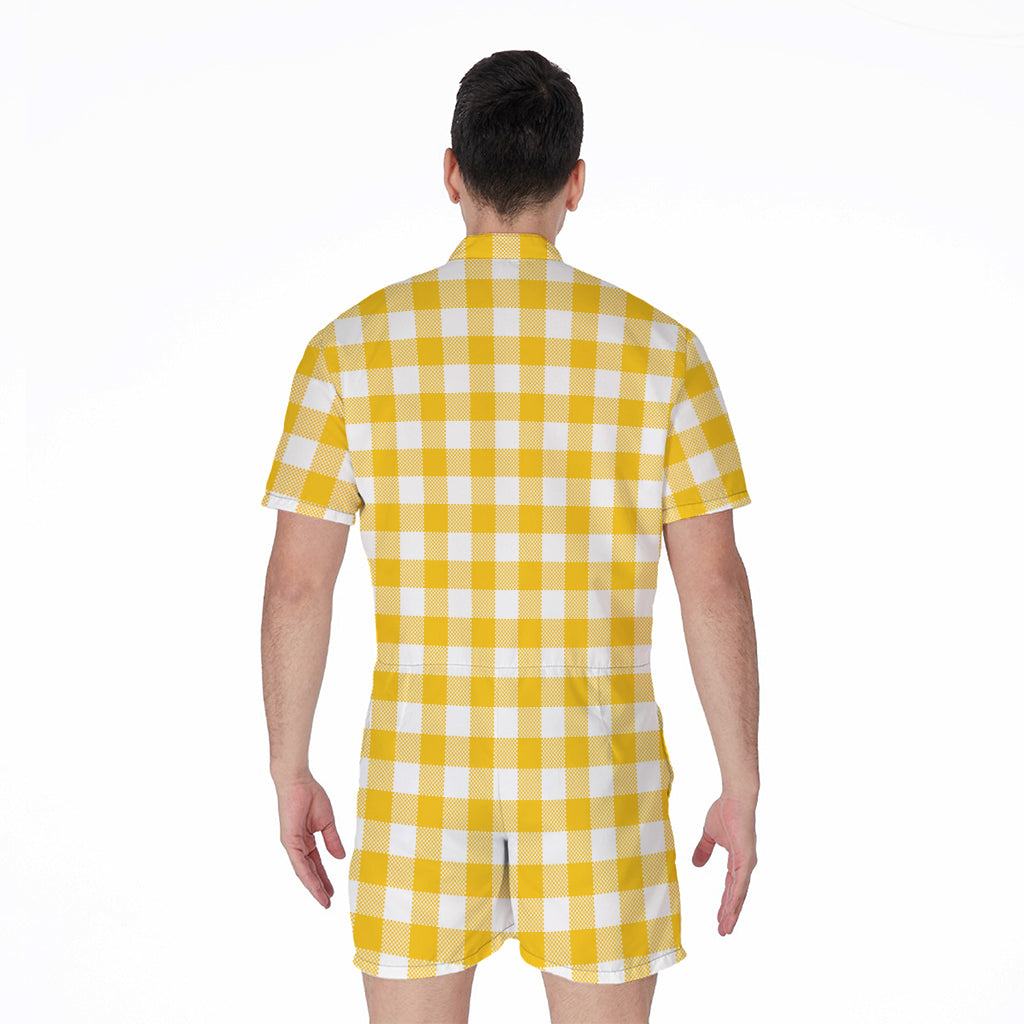 Canary Yellow And White Gingham Print Men's Rompers