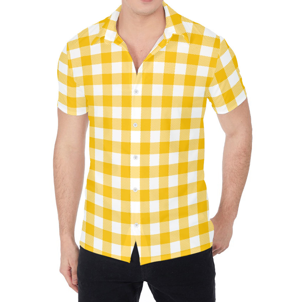 Canary Yellow And White Gingham Print Men's Shirt