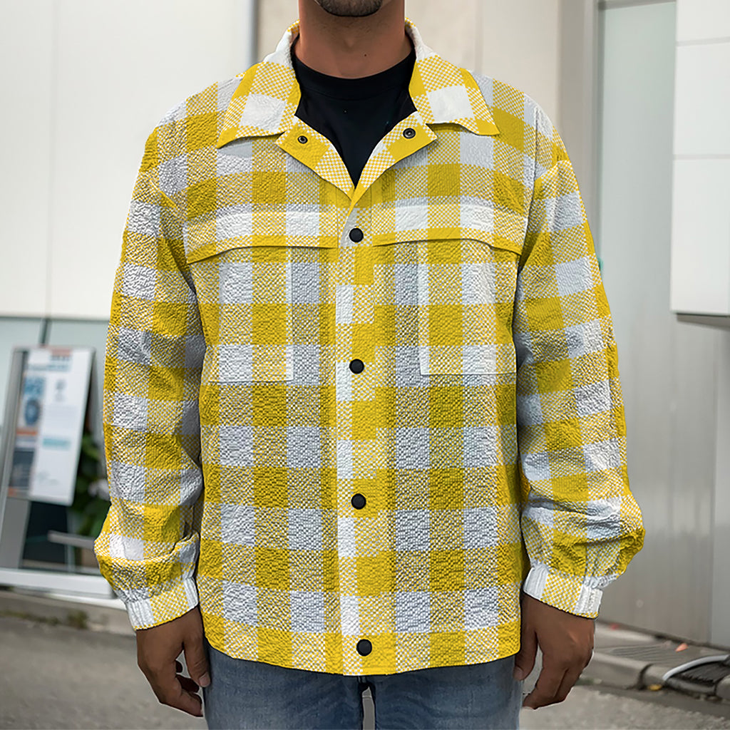 Canary Yellow And White Gingham Print Men's Shirt Jacket