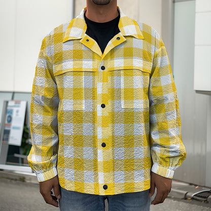 Canary Yellow And White Gingham Print Men's Shirt Jacket