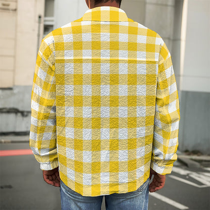 Canary Yellow And White Gingham Print Men's Shirt Jacket