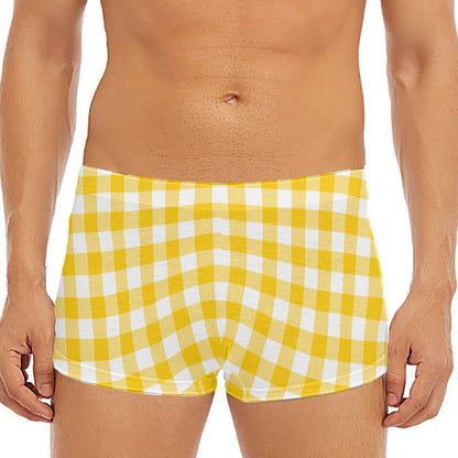 Canary Yellow And White Gingham Print Men's Short Boxer Briefs