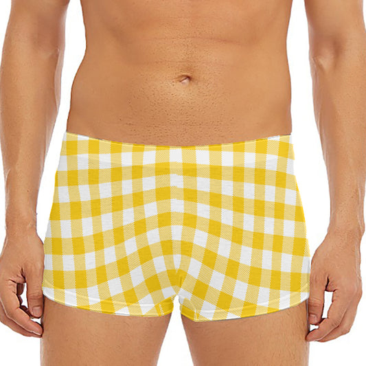 Canary Yellow And White Gingham Print Men's Short Boxer Briefs