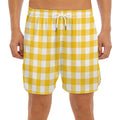 Canary Yellow And White Gingham Print Men's Split Running Shorts