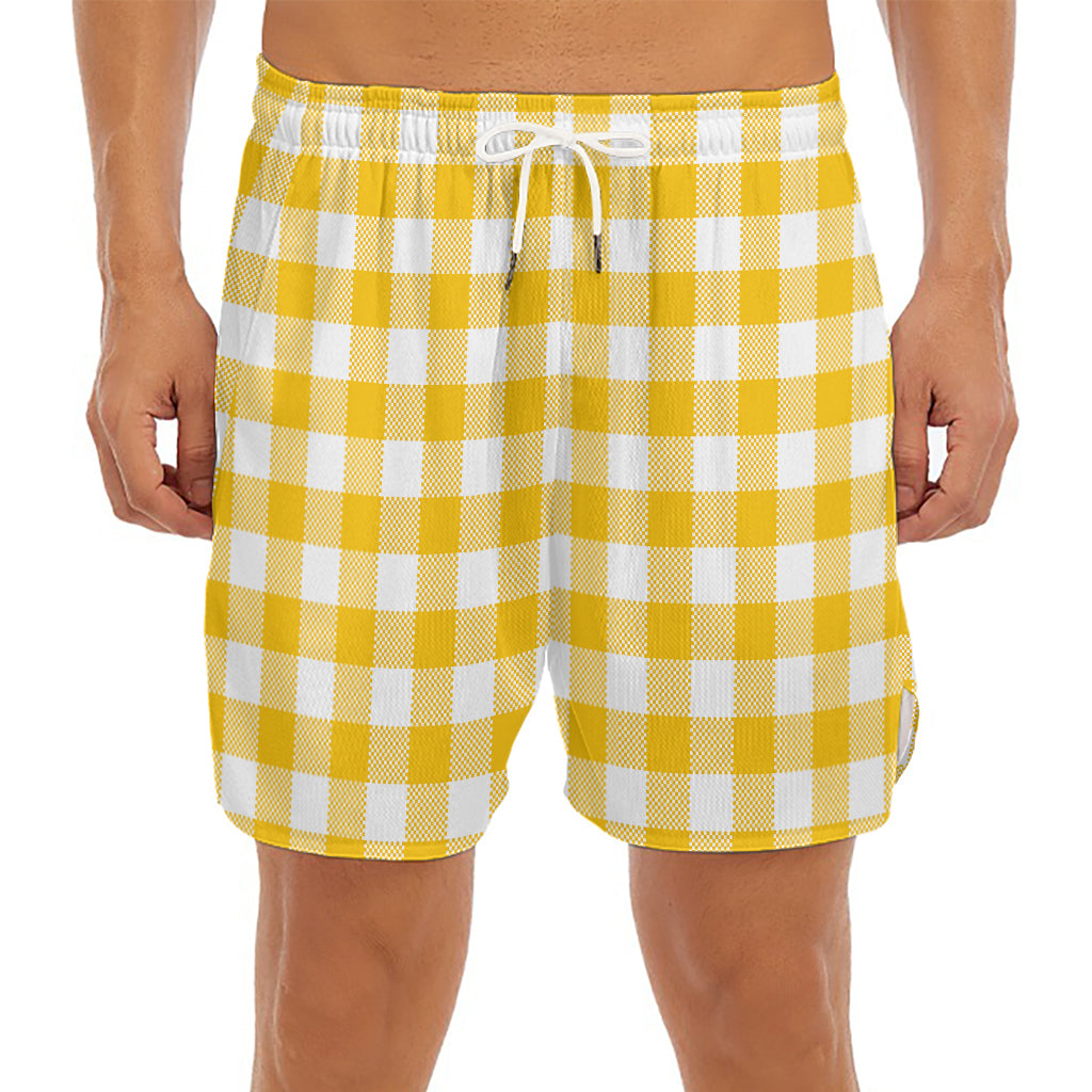 Canary Yellow And White Gingham Print Men's Split Running Shorts
