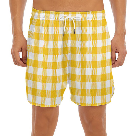 Canary Yellow And White Gingham Print Men's Split Running Shorts