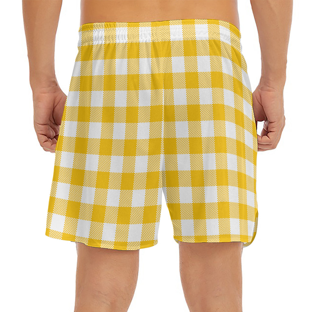 Canary Yellow And White Gingham Print Men's Split Running Shorts