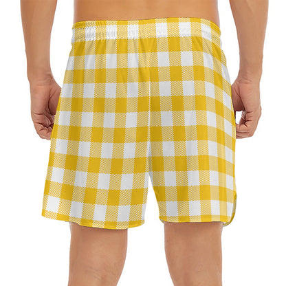 Canary Yellow And White Gingham Print Men's Split Running Shorts