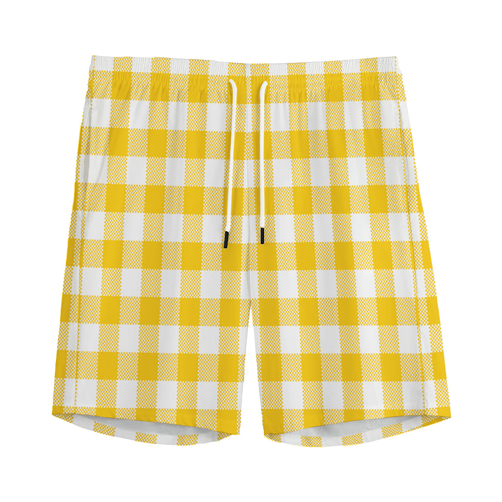 Canary Yellow And White Gingham Print Men's Sports Shorts