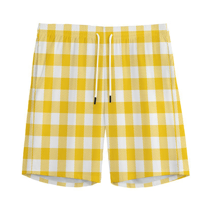 Canary Yellow And White Gingham Print Men's Sports Shorts