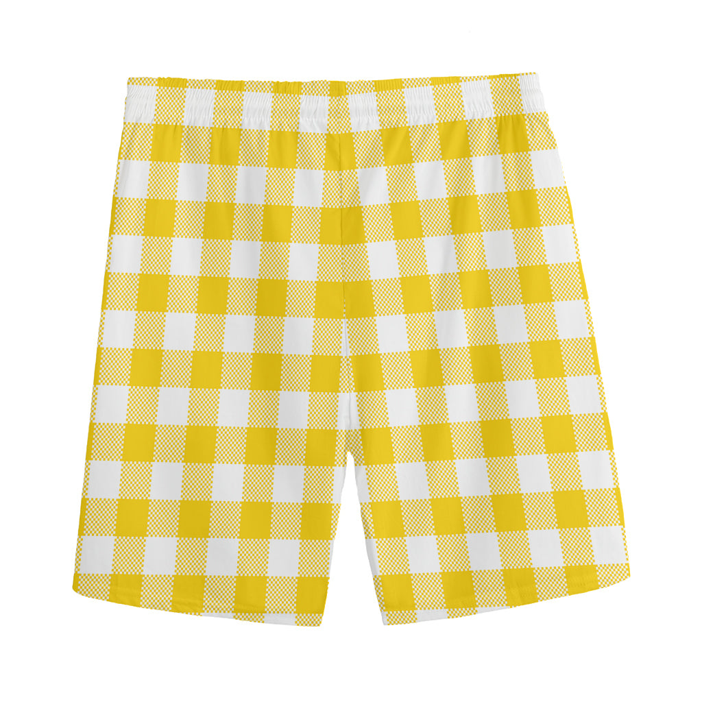 Canary Yellow And White Gingham Print Men's Sports Shorts