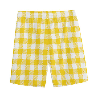Canary Yellow And White Gingham Print Men's Sports Shorts