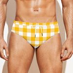 Canary Yellow And White Gingham Print Men's Swim Briefs