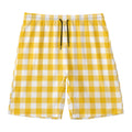 Canary Yellow And White Gingham Print Men's Swim Trunks