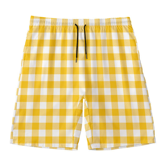 Canary Yellow And White Gingham Print Men's Swim Trunks