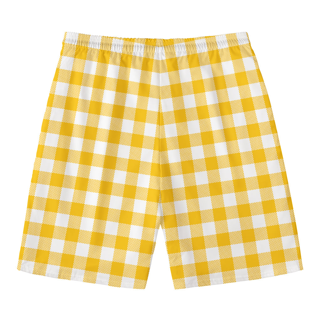 Canary Yellow And White Gingham Print Men's Swim Trunks