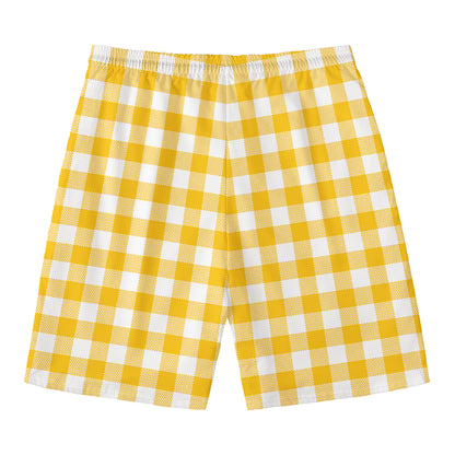 Canary Yellow And White Gingham Print Men's Swim Trunks