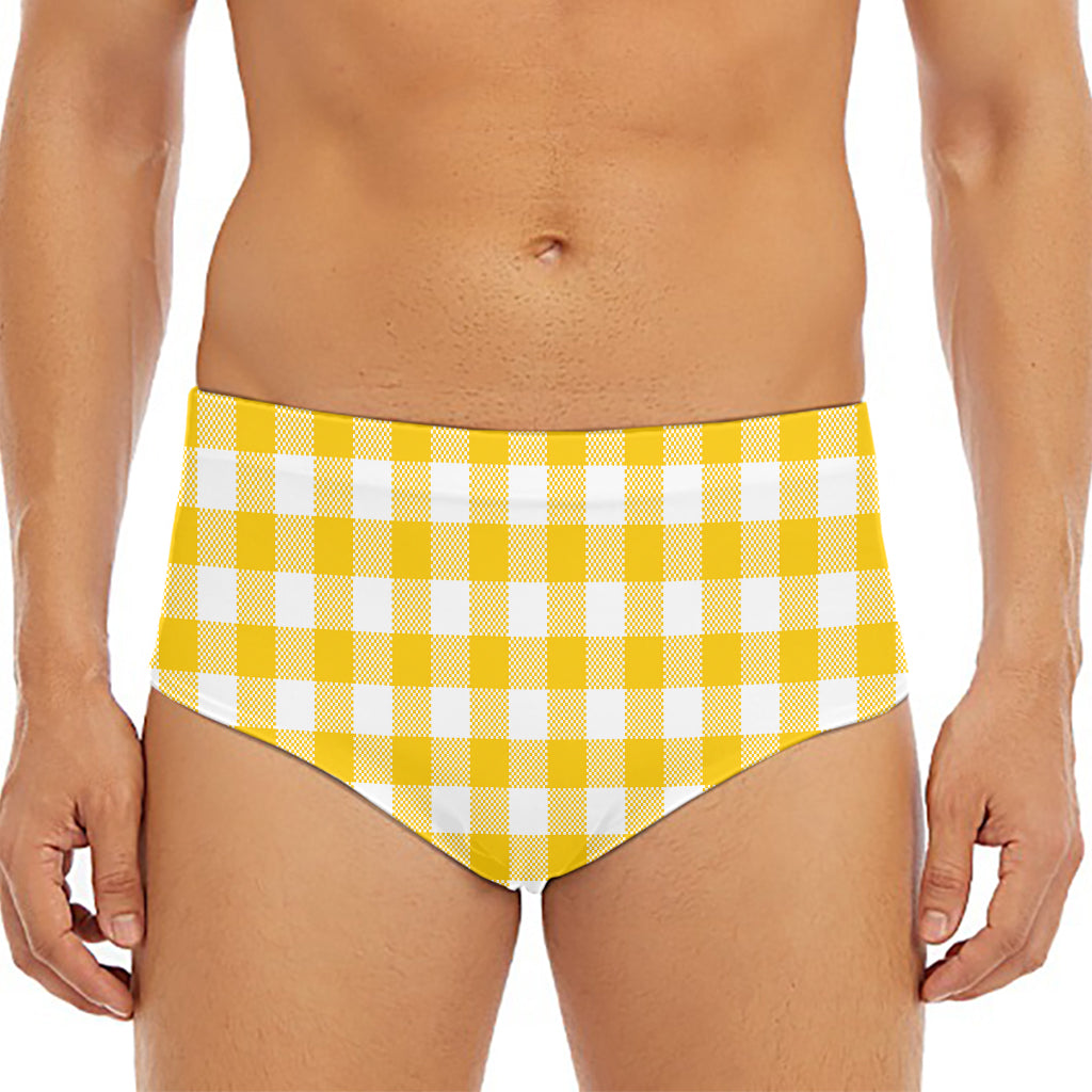 Canary Yellow And White Gingham Print Men's Triangle Swim Briefs