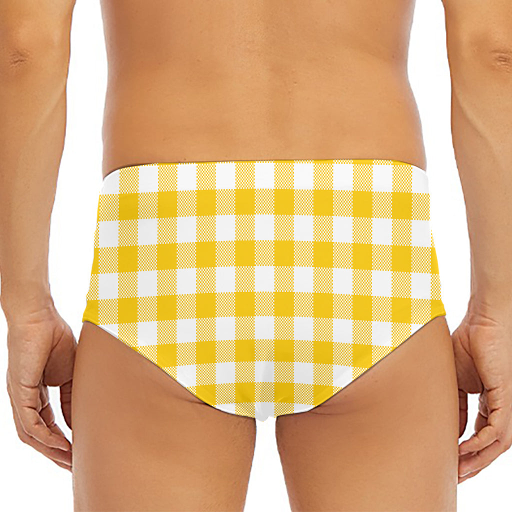 Canary Yellow And White Gingham Print Men's Triangle Swim Briefs