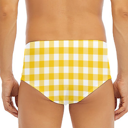Canary Yellow And White Gingham Print Men's Triangle Swim Briefs