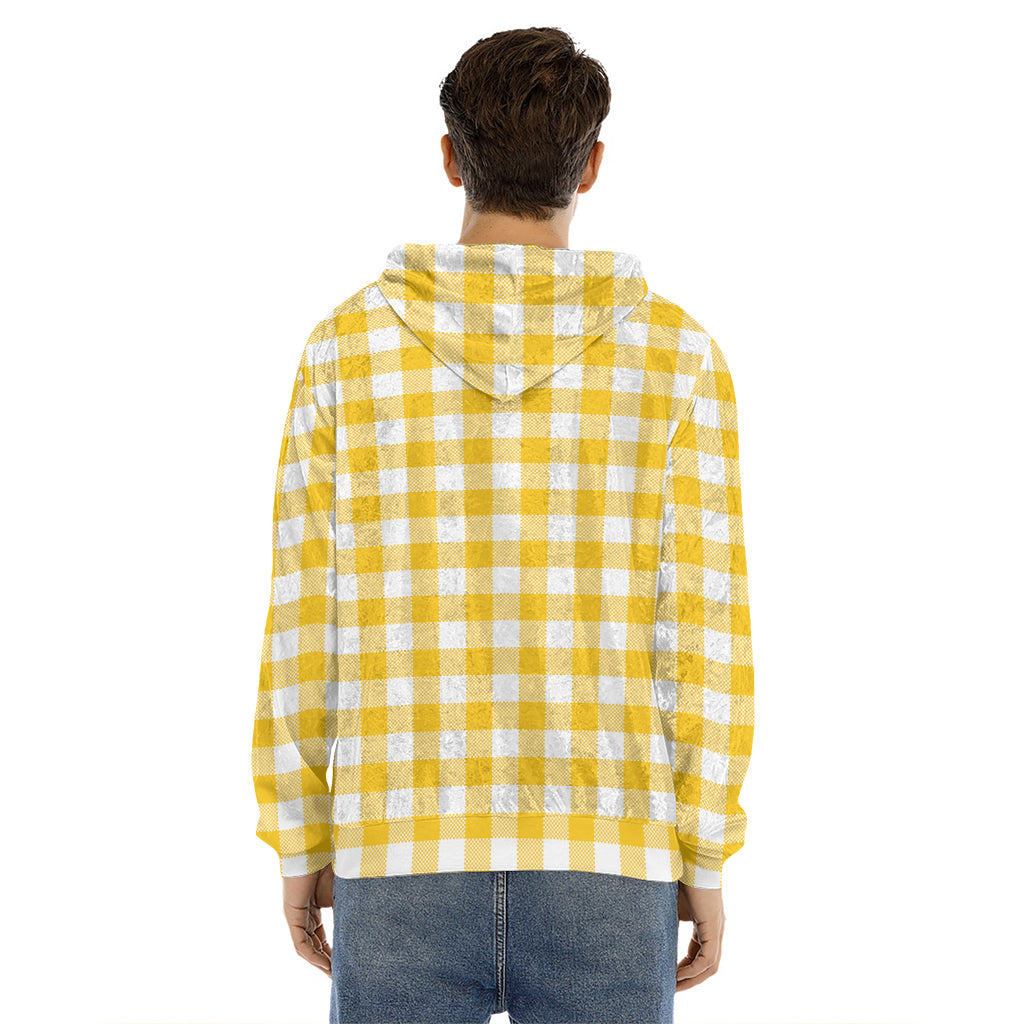 Canary Yellow And White Gingham Print Men's Velvet Pullover Hoodie