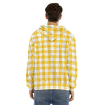 Canary Yellow And White Gingham Print Men's Velvet Pullover Hoodie