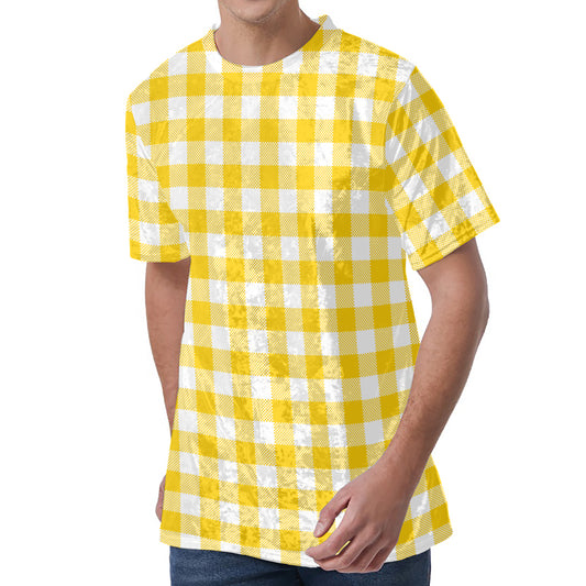 Canary Yellow And White Gingham Print Men's Velvet T-Shirt