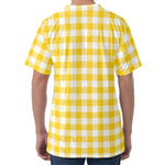 Canary Yellow And White Gingham Print Men's Velvet T-Shirt