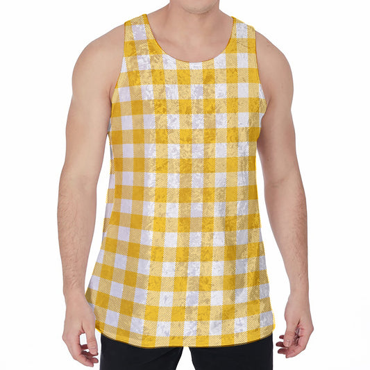 Canary Yellow And White Gingham Print Men's Velvet Tank Top